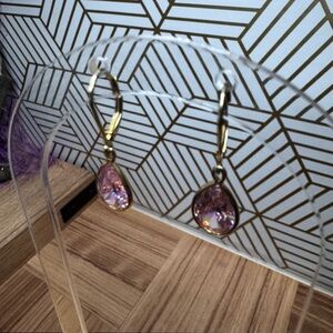 Elegant Gold toned and Pink Crystal TearDrop Earrings